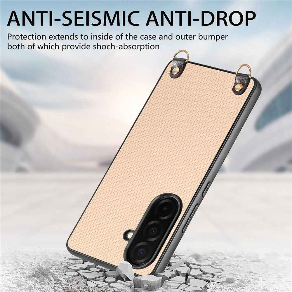 For Samsung Galaxy A57 5G Case Carbon Fiber Texture Hybrid Phone Back Cover with Adjustable Strap - Apricot