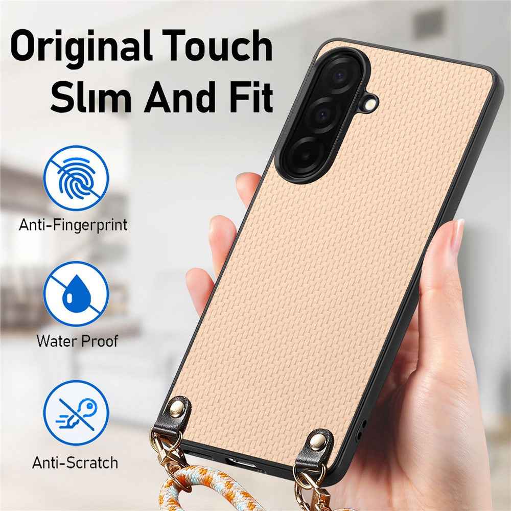 For Samsung Galaxy A57 5G Case Carbon Fiber Texture Hybrid Phone Back Cover with Adjustable Strap - Apricot