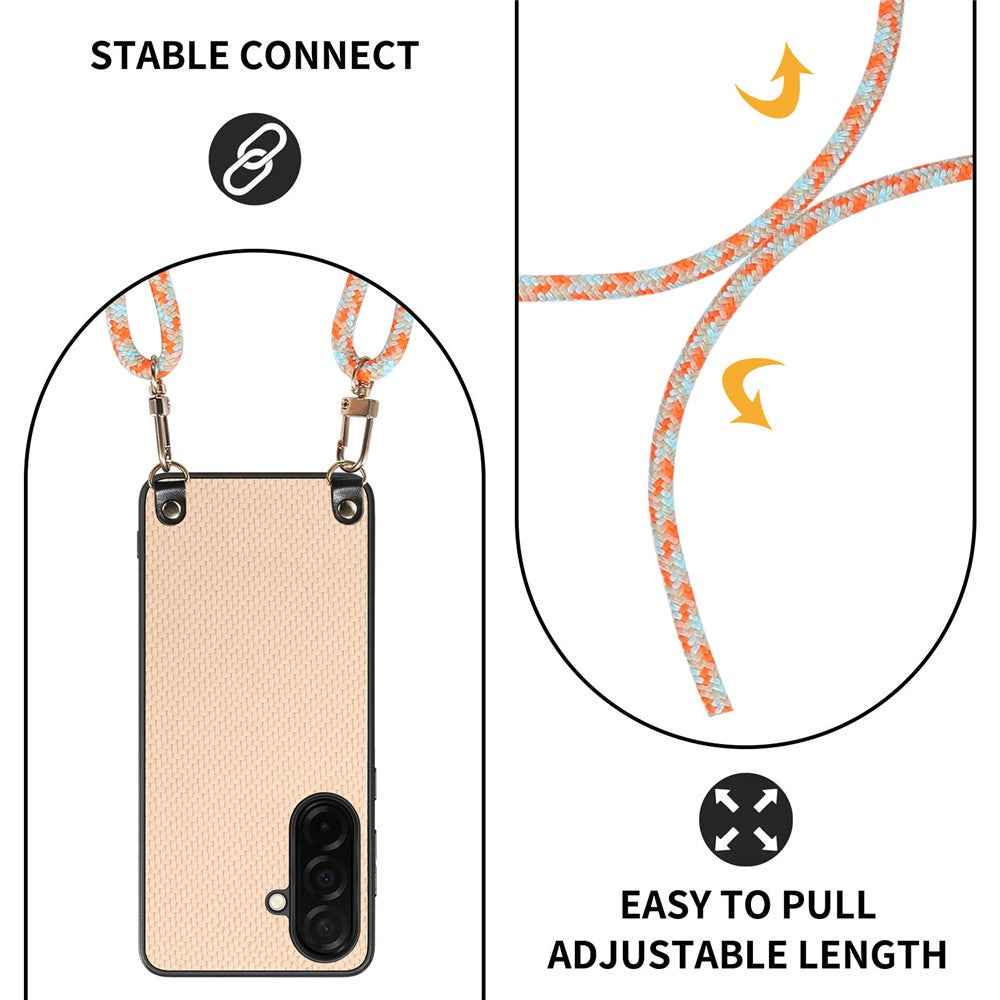 For Samsung Galaxy A57 5G Case Carbon Fiber Texture Hybrid Phone Back Cover with Adjustable Strap - Apricot