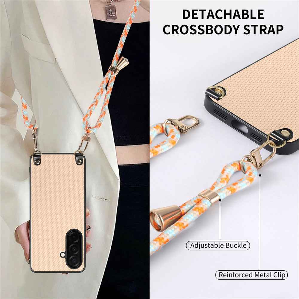 For Samsung Galaxy A57 5G Case Carbon Fiber Texture Hybrid Phone Back Cover with Adjustable Strap - Apricot