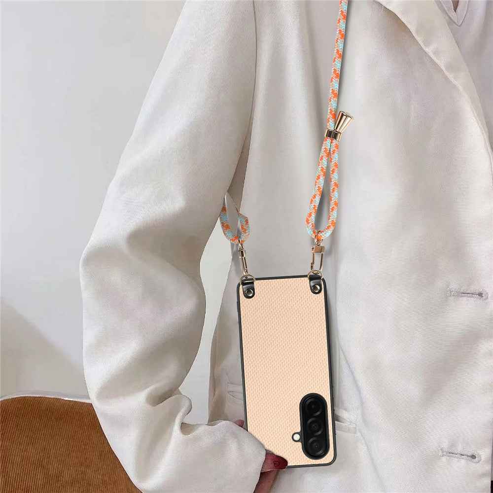 For Samsung Galaxy A57 5G Case Carbon Fiber Texture Hybrid Phone Back Cover with Adjustable Strap - Apricot