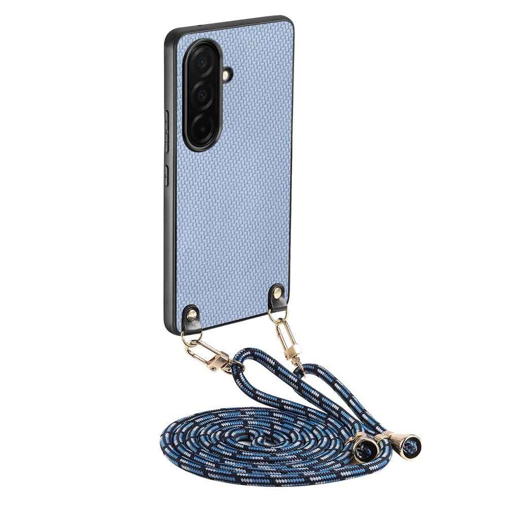 For Samsung Galaxy A57 5G Case Carbon Fiber Texture Hybrid Phone Back Cover with Adjustable Strap - Blue