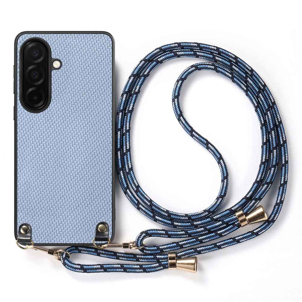 For Samsung Galaxy A57 5G Case Carbon Fiber Texture Hybrid Phone Back Cover with Adjustable Strap - Blue