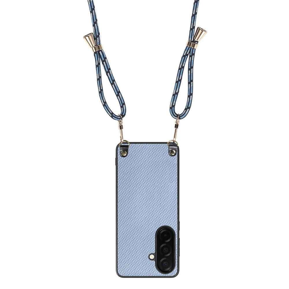For Samsung Galaxy A57 5G Case Carbon Fiber Texture Hybrid Phone Back Cover with Adjustable Strap - Blue
