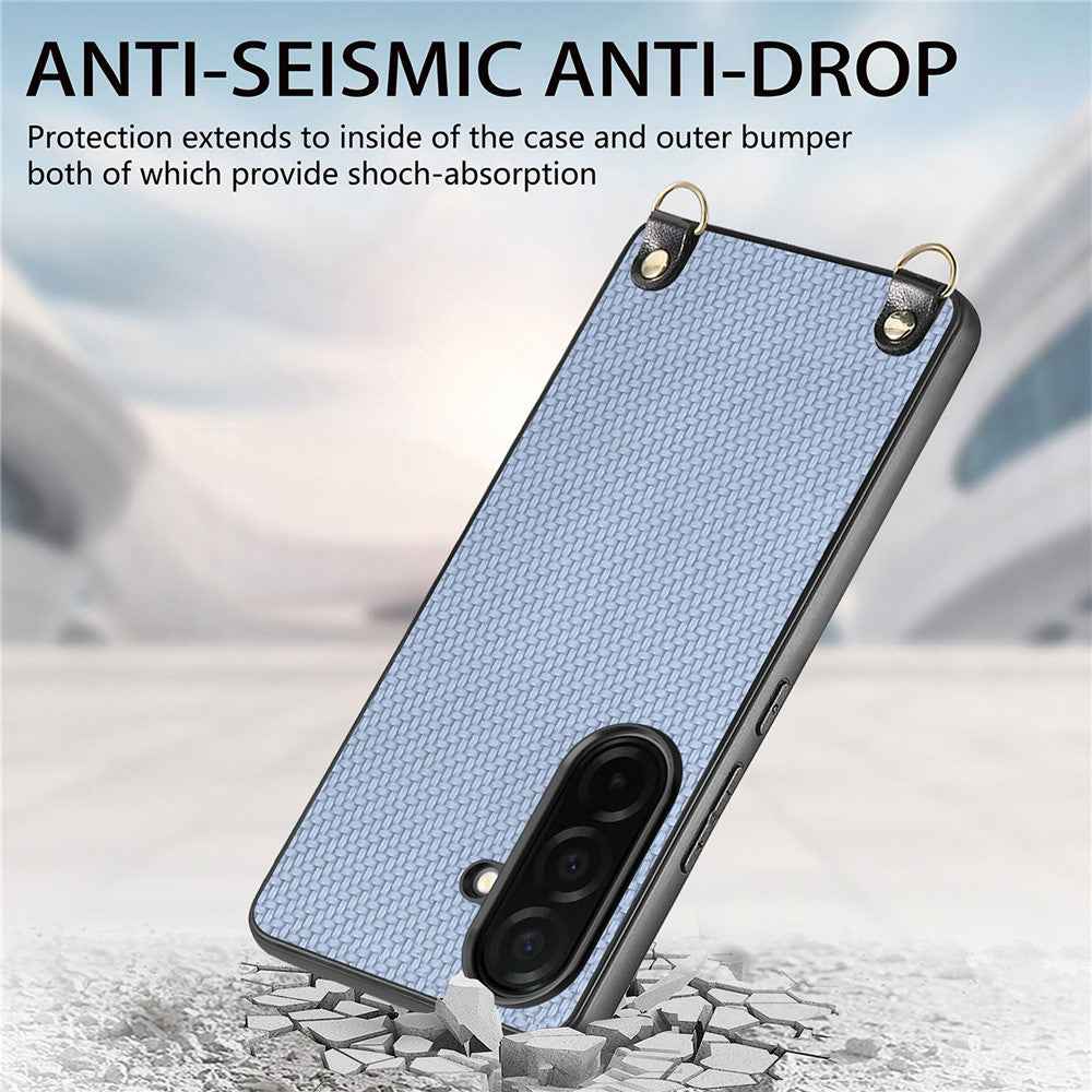 For Samsung Galaxy A57 5G Case Carbon Fiber Texture Hybrid Phone Back Cover with Adjustable Strap - Blue
