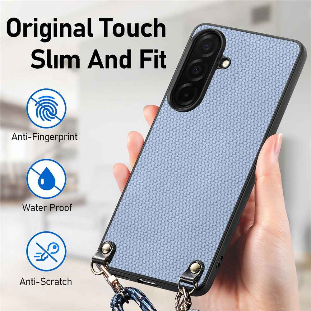 For Samsung Galaxy A57 5G Case Carbon Fiber Texture Hybrid Phone Back Cover with Adjustable Strap - Blue