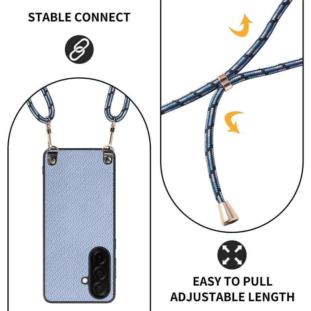 For Samsung Galaxy A57 5G Case Carbon Fiber Texture Hybrid Phone Back Cover with Adjustable Strap - Blue