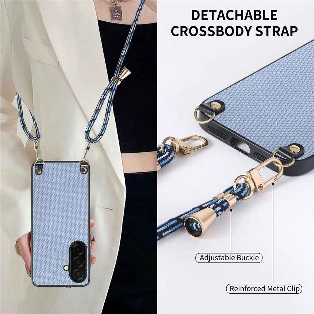 For Samsung Galaxy A57 5G Case Carbon Fiber Texture Hybrid Phone Back Cover with Adjustable Strap - Blue