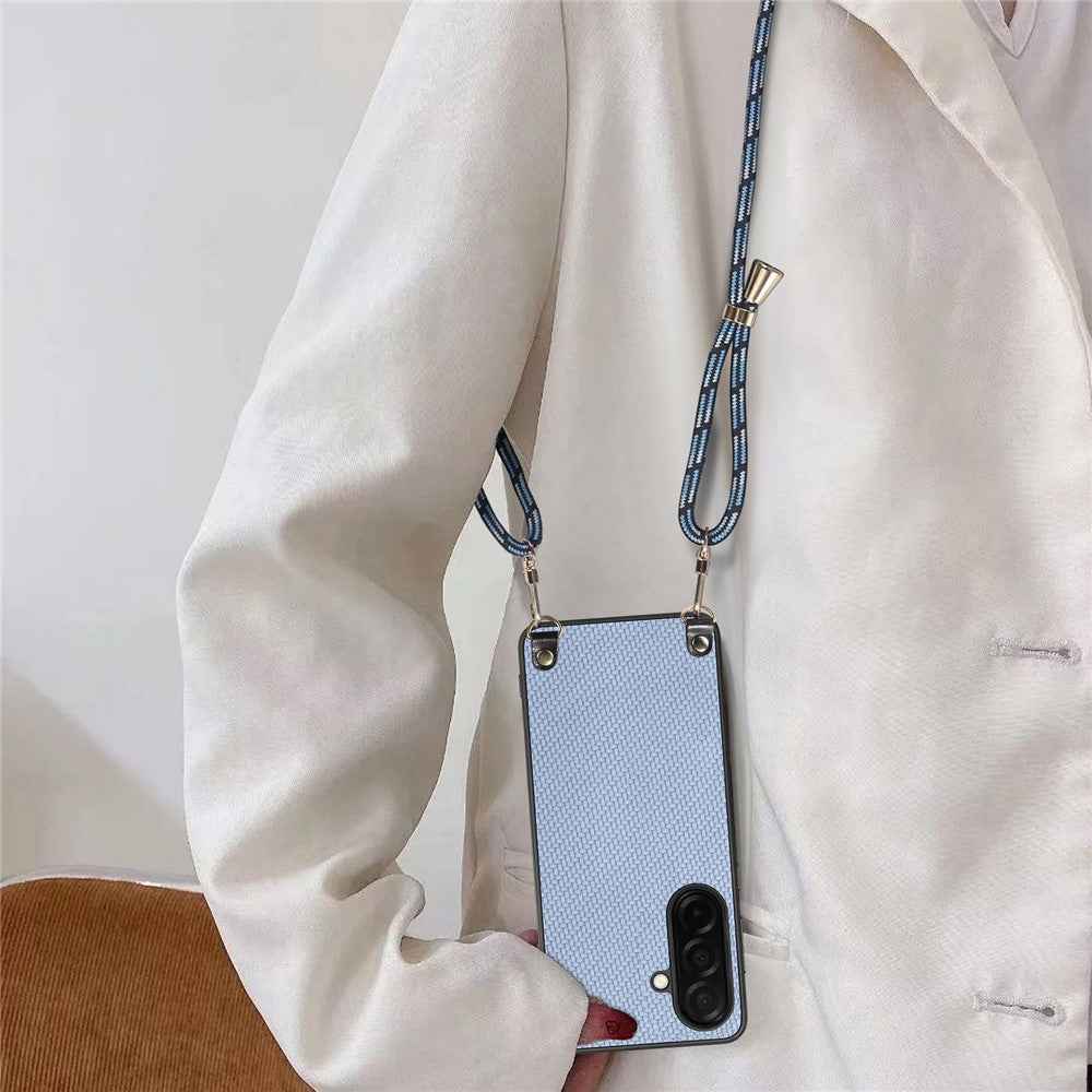 For Samsung Galaxy A57 5G Case Carbon Fiber Texture Hybrid Phone Back Cover with Adjustable Strap - Blue