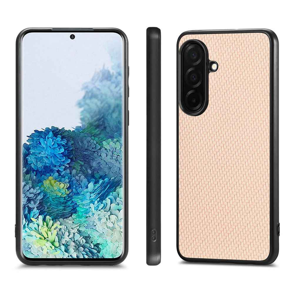 For Samsung Galaxy A57 5G Case Carbon Fiber Texture PU Leather + PC + TPU Phone Cover - Apricot