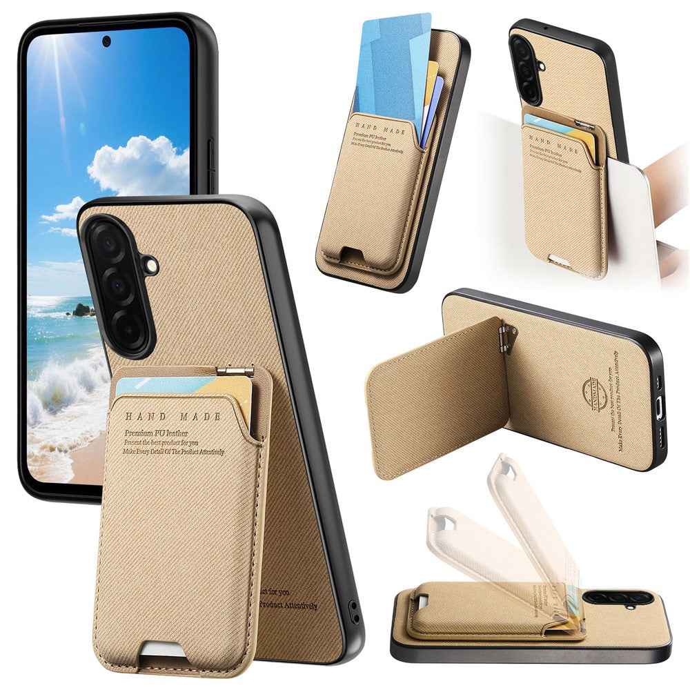 For Samsung Galaxy A57 5G Case Cloth Texture Leather + PC + TPU Phone Cover with Card Holder Kickstand - Khaki
