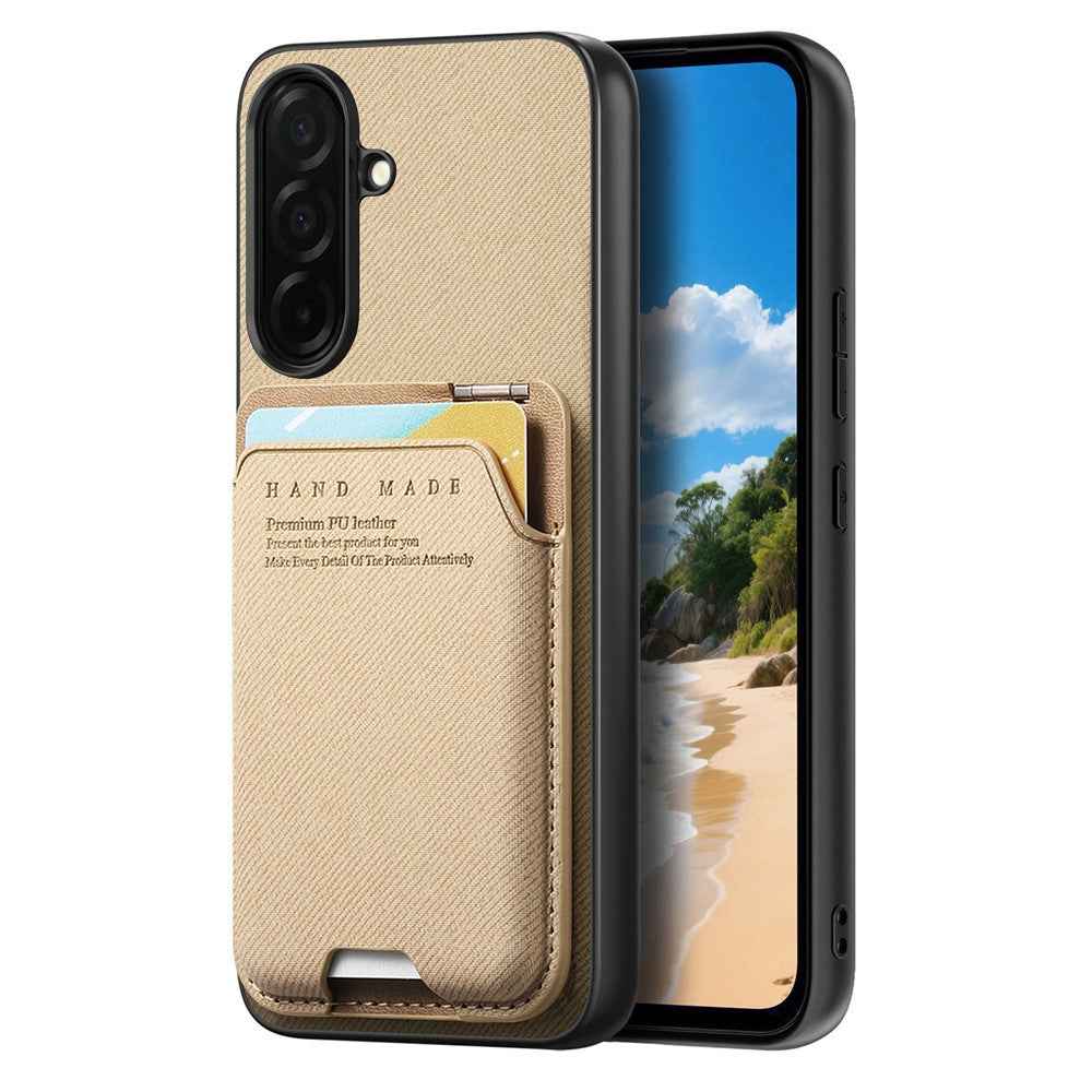For Samsung Galaxy A57 5G Case Cloth Texture Leather + PC + TPU Phone Cover with Card Holder Kickstand - Khaki