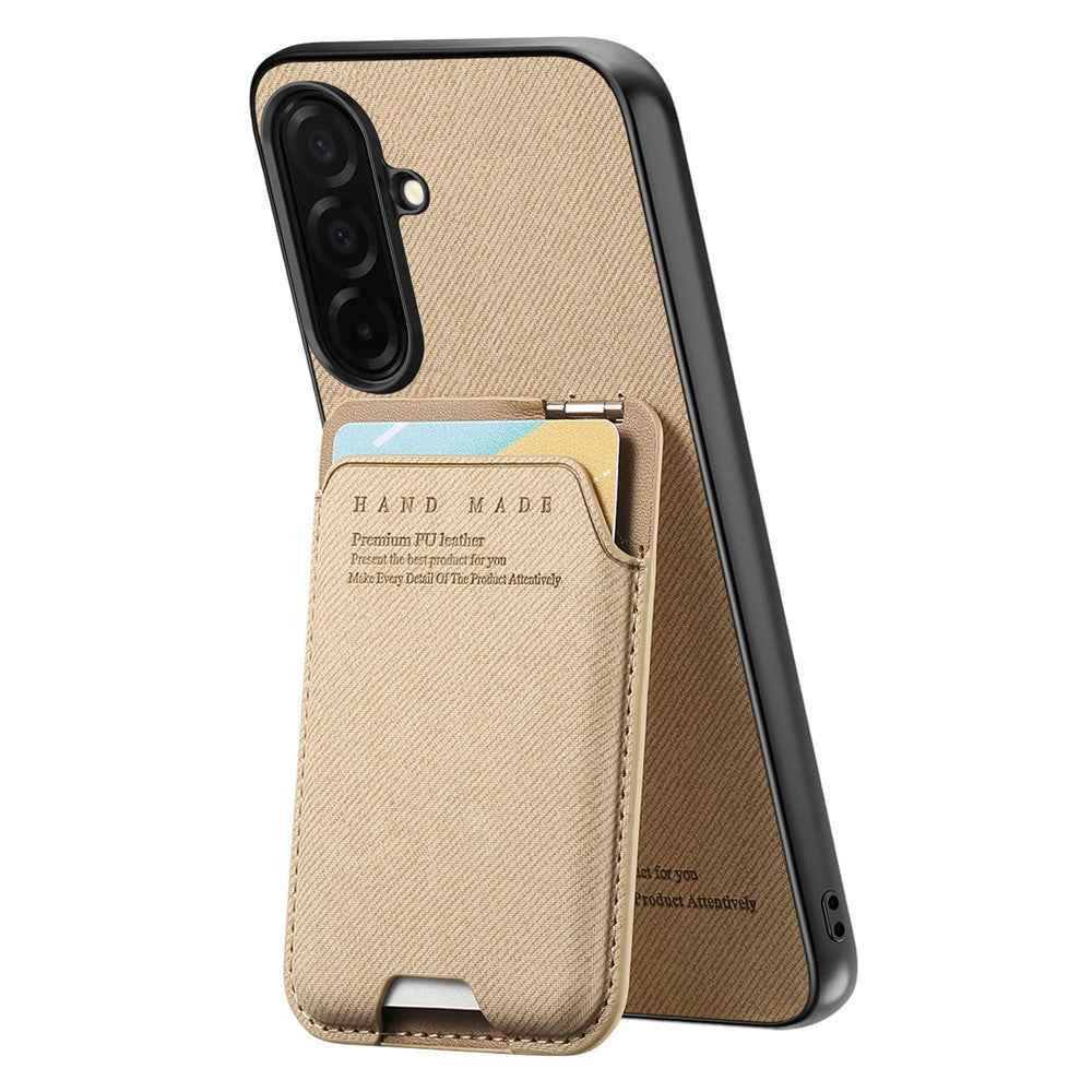 For Samsung Galaxy A57 5G Case Cloth Texture Leather + PC + TPU Phone Cover with Card Holder Kickstand - Khaki