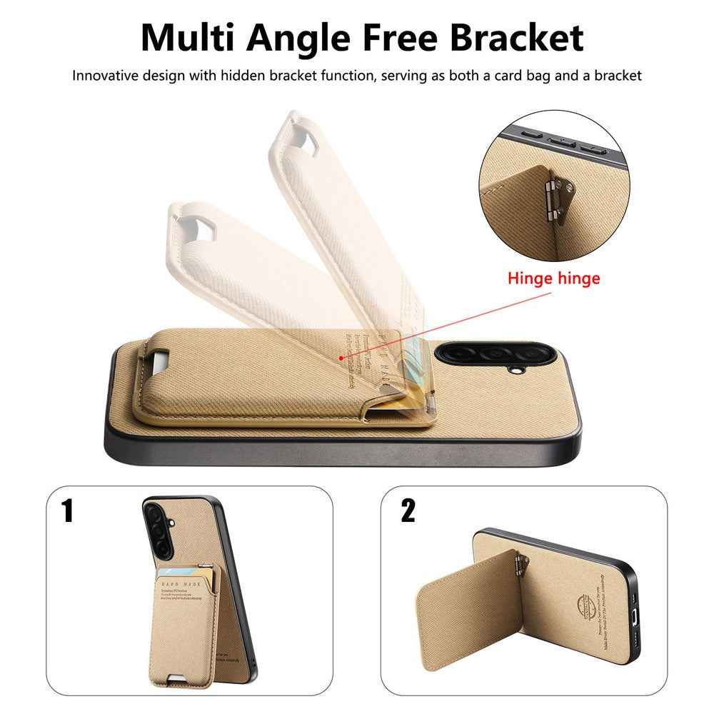 For Samsung Galaxy A57 5G Case Cloth Texture Leather + PC + TPU Phone Cover with Card Holder Kickstand - Khaki