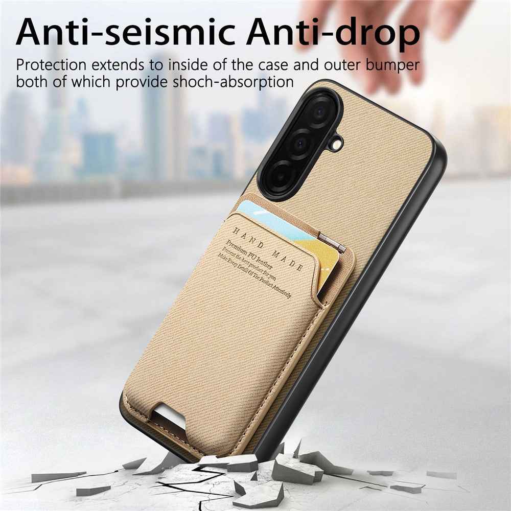 For Samsung Galaxy A57 5G Case Cloth Texture Leather + PC + TPU Phone Cover with Card Holder Kickstand - Khaki