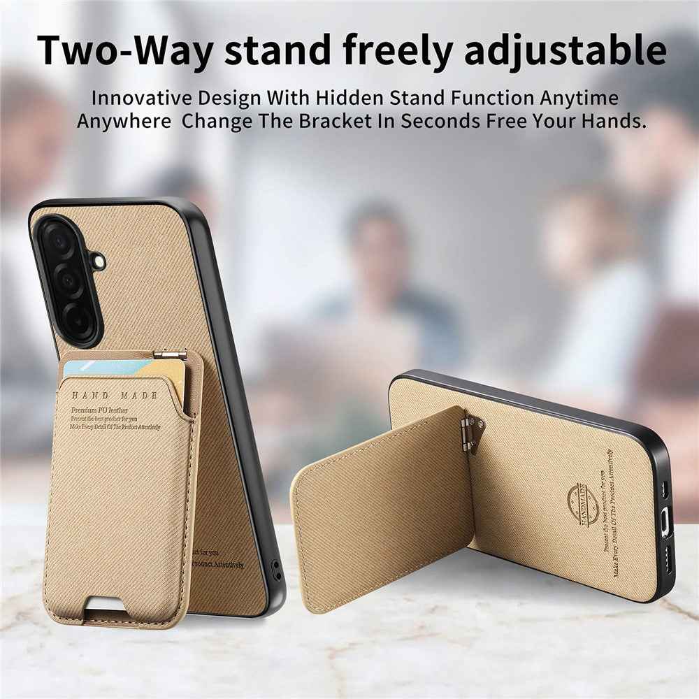 For Samsung Galaxy A57 5G Case Cloth Texture Leather + PC + TPU Phone Cover with Card Holder Kickstand - Khaki