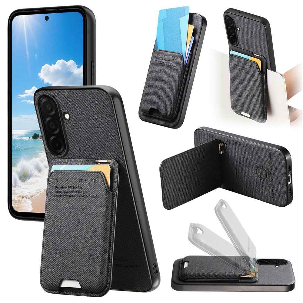 For Samsung Galaxy A57 5G Case Cloth Texture Leather + PC + TPU Phone Cover with Card Holder Kickstand - Black