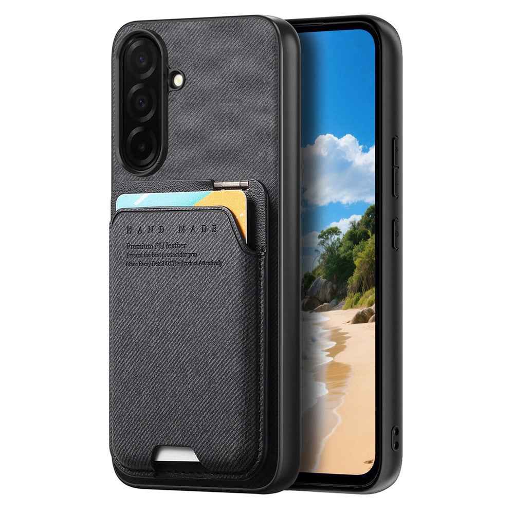 For Samsung Galaxy A57 5G Case Cloth Texture Leather + PC + TPU Phone Cover with Card Holder Kickstand - Black