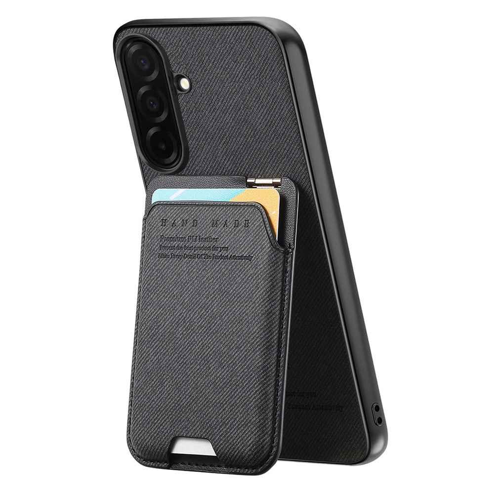 For Samsung Galaxy A57 5G Case Cloth Texture Leather + PC + TPU Phone Cover with Card Holder Kickstand - Black