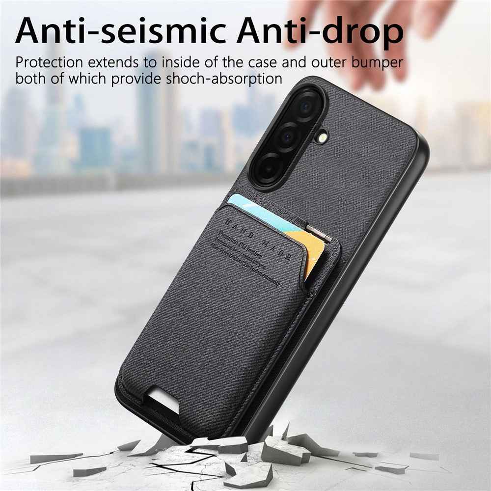 For Samsung Galaxy A57 5G Case Cloth Texture Leather + PC + TPU Phone Cover with Card Holder Kickstand - Black