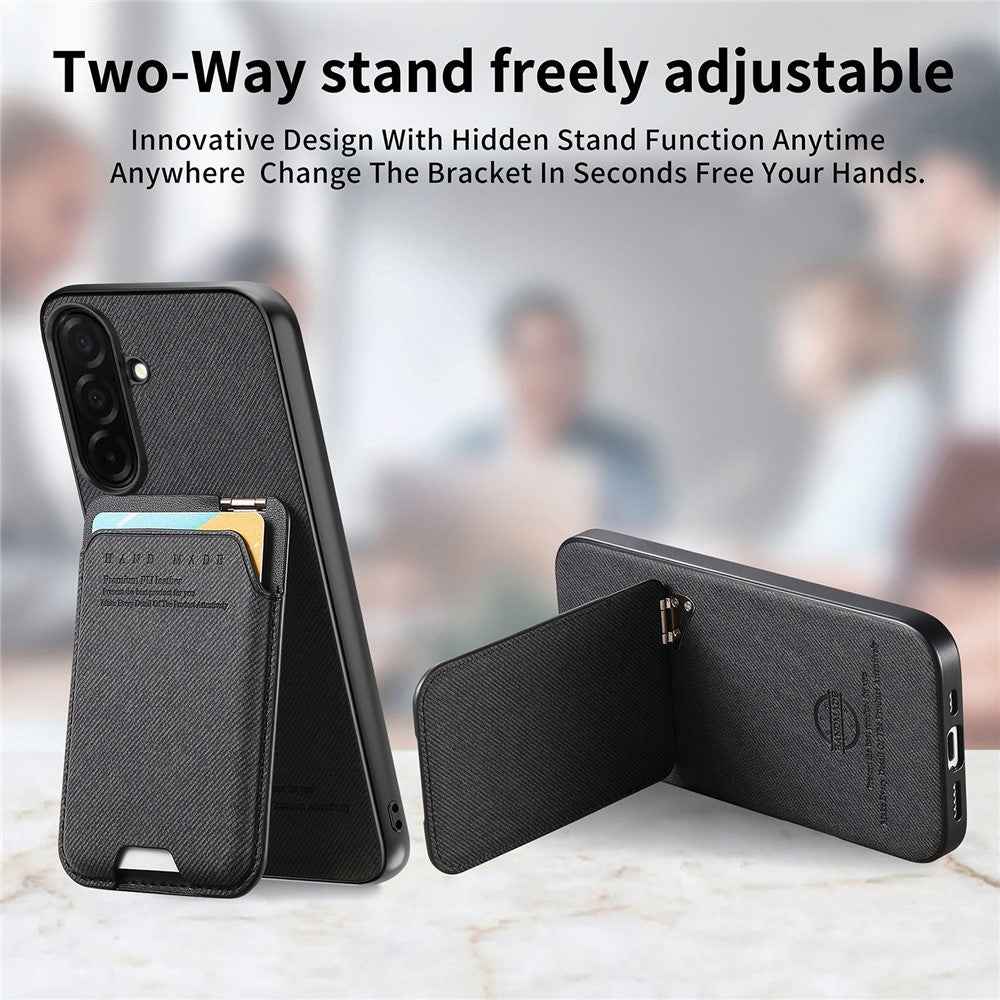 For Samsung Galaxy A57 5G Case Cloth Texture Leather + PC + TPU Phone Cover with Card Holder Kickstand - Black