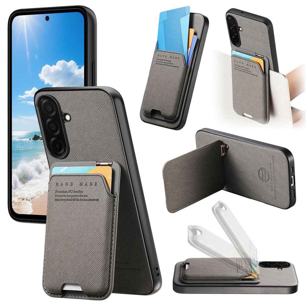 For Samsung Galaxy A57 5G Case Cloth Texture Leather + PC + TPU Phone Cover with Card Holder Kickstand - Grey