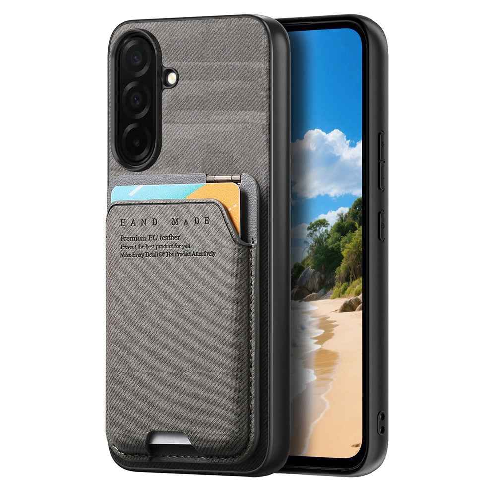 For Samsung Galaxy A57 5G Case Cloth Texture Leather + PC + TPU Phone Cover with Card Holder Kickstand - Grey