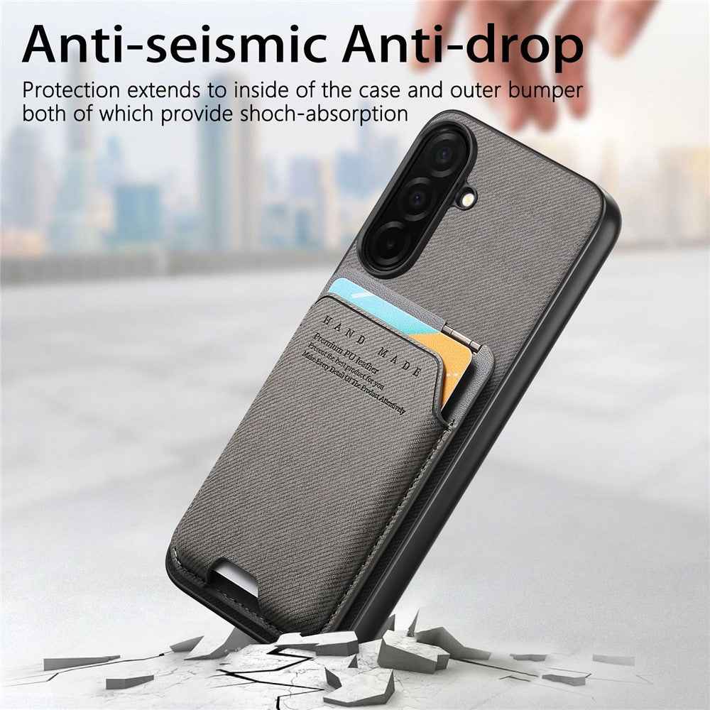For Samsung Galaxy A57 5G Case Cloth Texture Leather + PC + TPU Phone Cover with Card Holder Kickstand - Grey