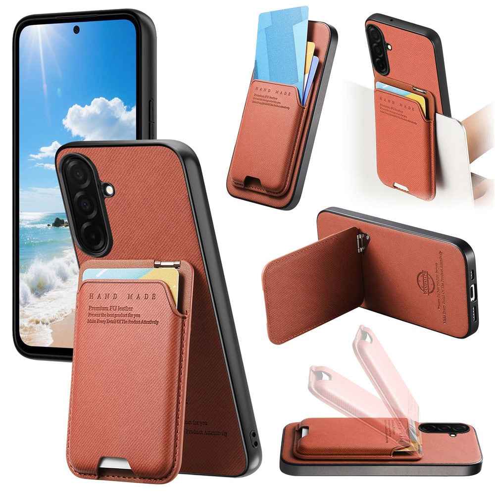 For Samsung Galaxy A57 5G Case Cloth Texture Leather + PC + TPU Phone Cover with Card Holder Kickstand - Brown
