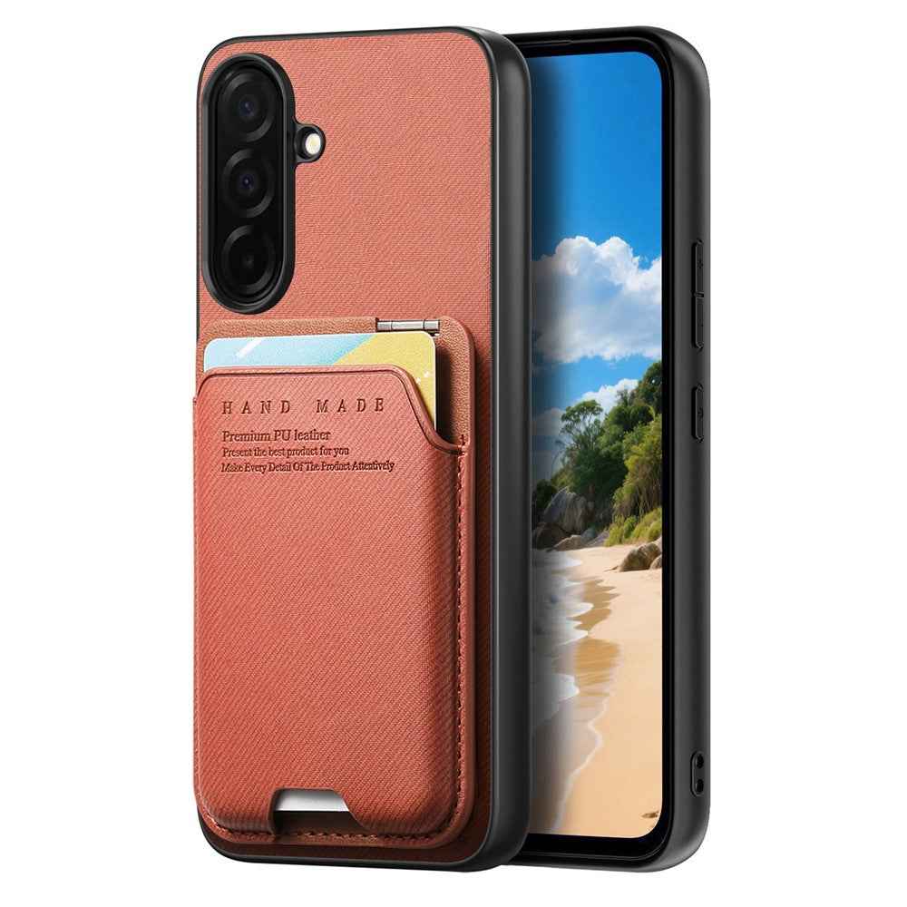 For Samsung Galaxy A57 5G Case Cloth Texture Leather + PC + TPU Phone Cover with Card Holder Kickstand - Brown