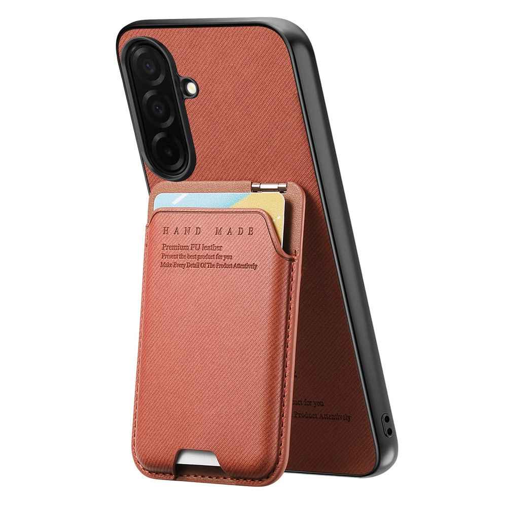 For Samsung Galaxy A57 5G Case Cloth Texture Leather + PC + TPU Phone Cover with Card Holder Kickstand - Brown