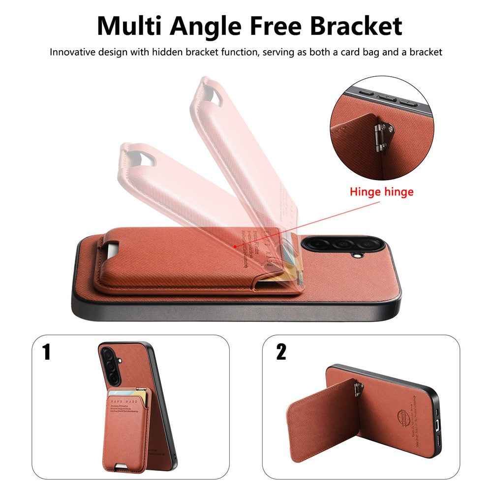For Samsung Galaxy A57 5G Case Cloth Texture Leather + PC + TPU Phone Cover with Card Holder Kickstand - Brown