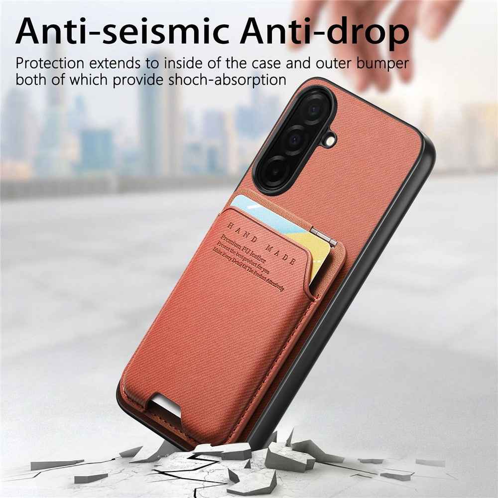 For Samsung Galaxy A57 5G Case Cloth Texture Leather + PC + TPU Phone Cover with Card Holder Kickstand - Brown