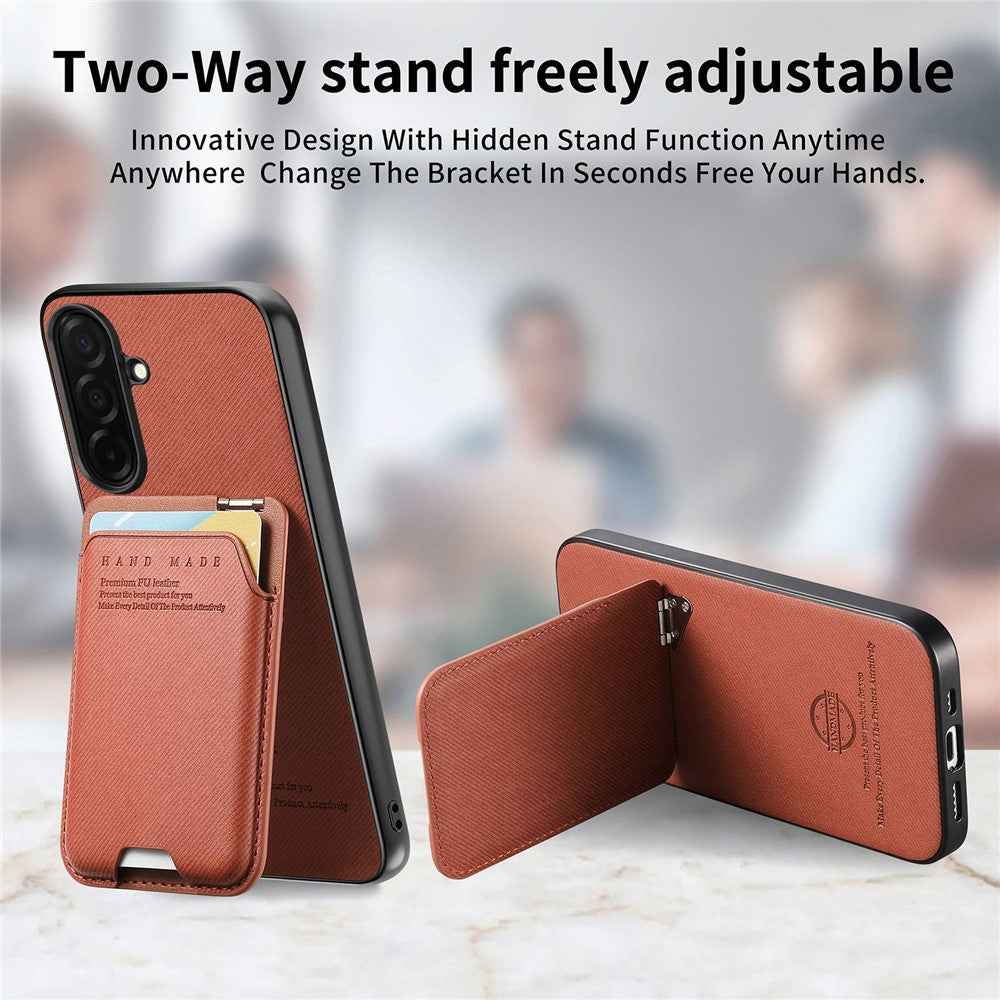 For Samsung Galaxy A57 5G Case Cloth Texture Leather + PC + TPU Phone Cover with Card Holder Kickstand - Brown
