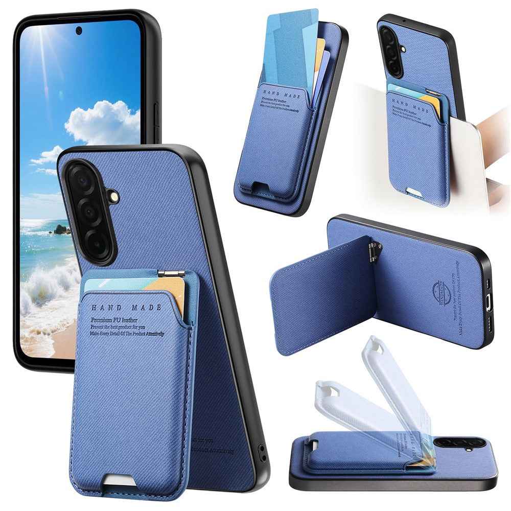 For Samsung Galaxy A57 5G Case Cloth Texture Leather + PC + TPU Phone Cover with Card Holder Kickstand - Blue