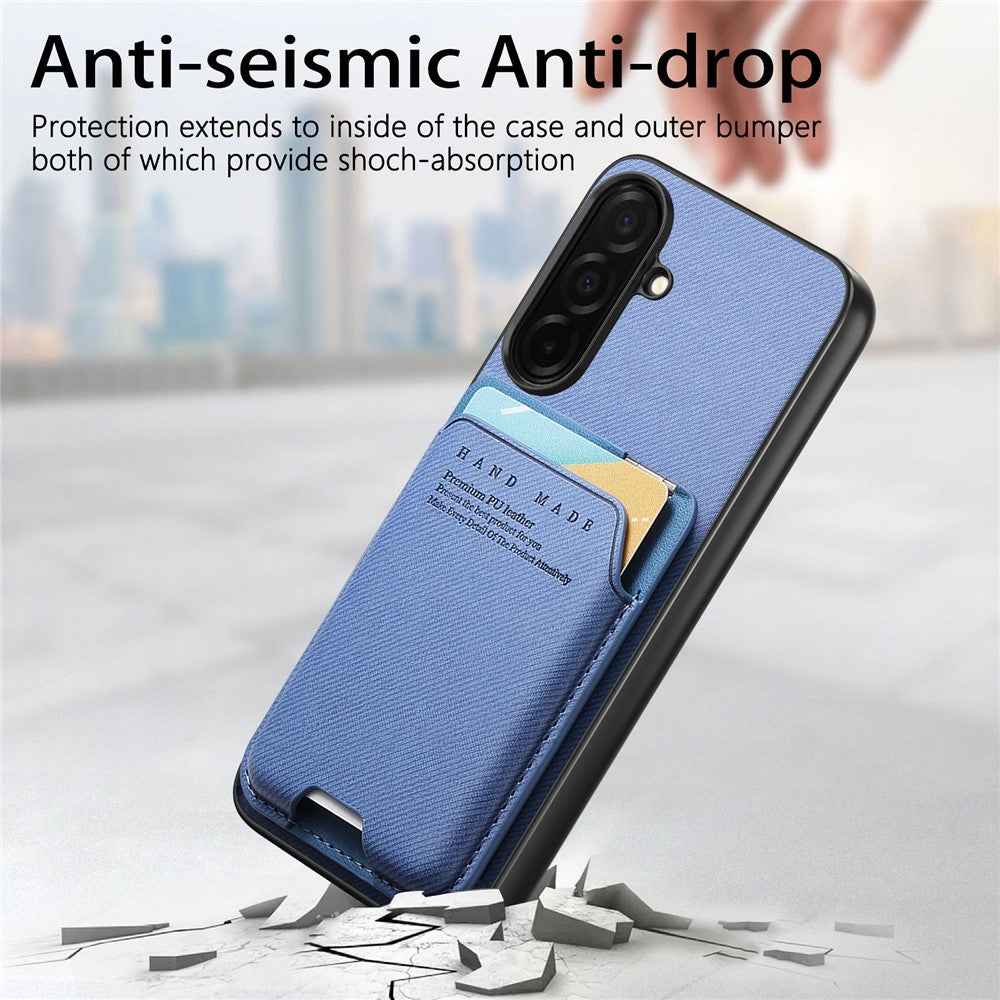 For Samsung Galaxy A57 5G Case Cloth Texture Leather + PC + TPU Phone Cover with Card Holder Kickstand - Blue