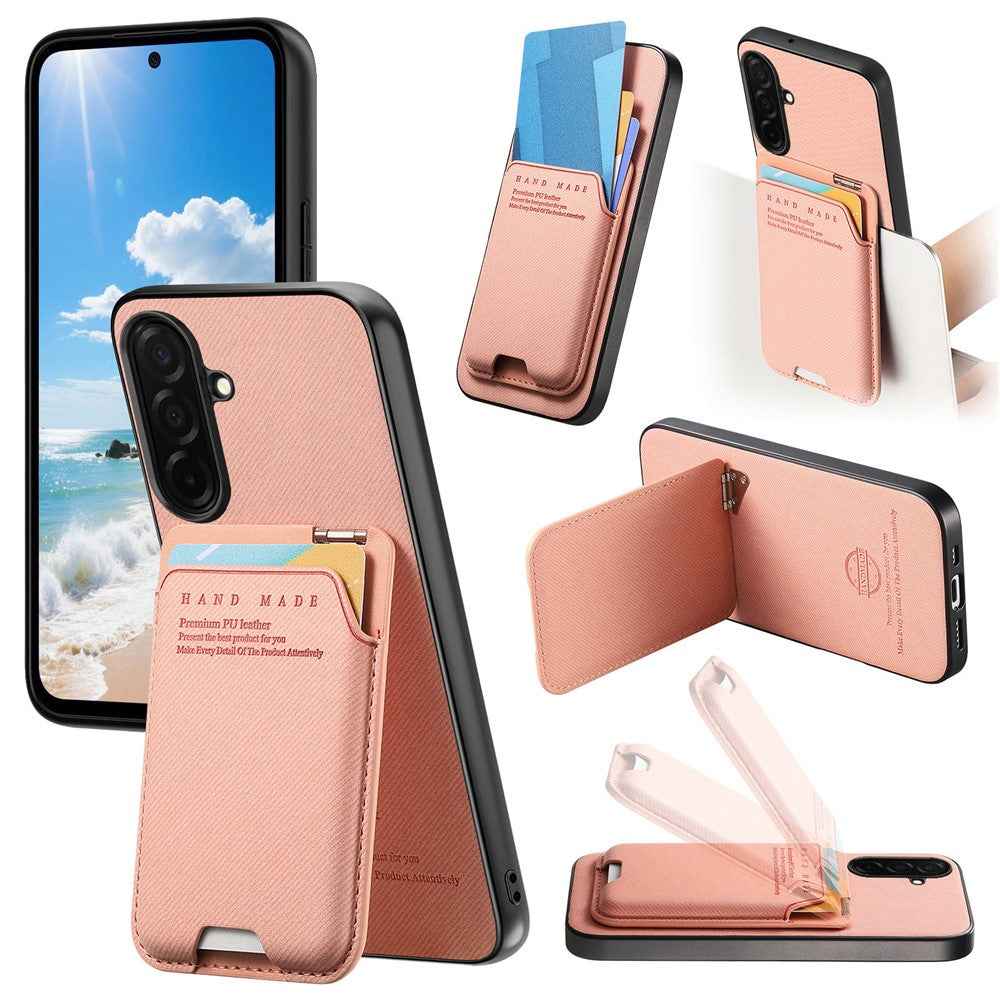 For Samsung Galaxy A57 5G Case Cloth Texture Leather + PC + TPU Phone Cover with Card Holder Kickstand - Pink