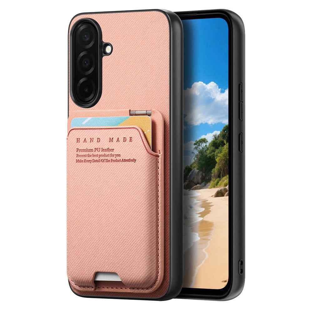 For Samsung Galaxy A57 5G Case Cloth Texture Leather + PC + TPU Phone Cover with Card Holder Kickstand - Pink