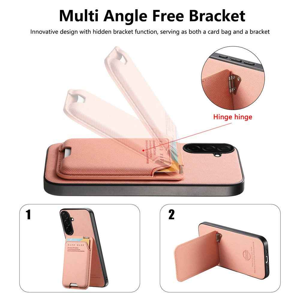 For Samsung Galaxy A57 5G Case Cloth Texture Leather + PC + TPU Phone Cover with Card Holder Kickstand - Pink