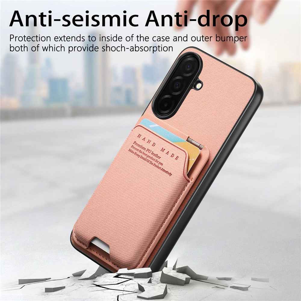 For Samsung Galaxy A57 5G Case Cloth Texture Leather + PC + TPU Phone Cover with Card Holder Kickstand - Pink