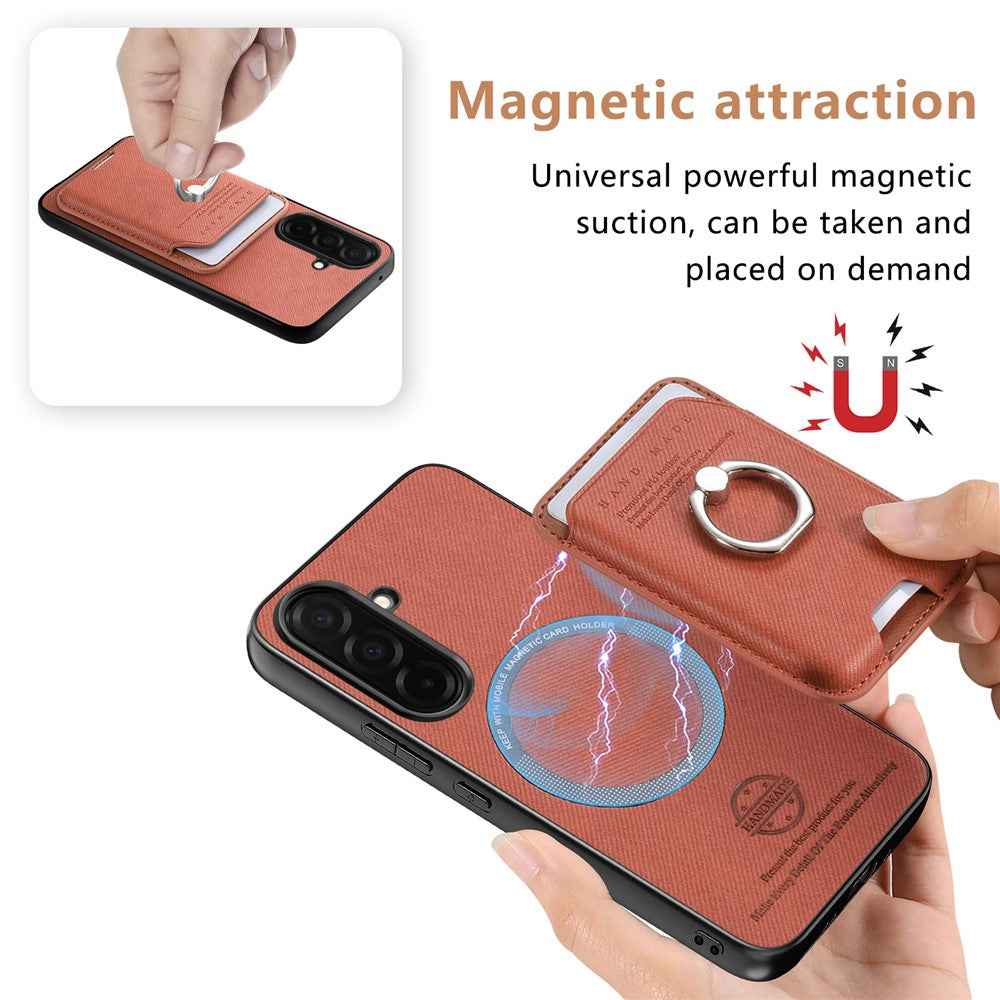 For Samsung Galaxy A57 5G Case Cloth Texture  Leather + PC + TPU Phone Cover with Detachable Magnetic Ring Kickstand Card Holder - Brown