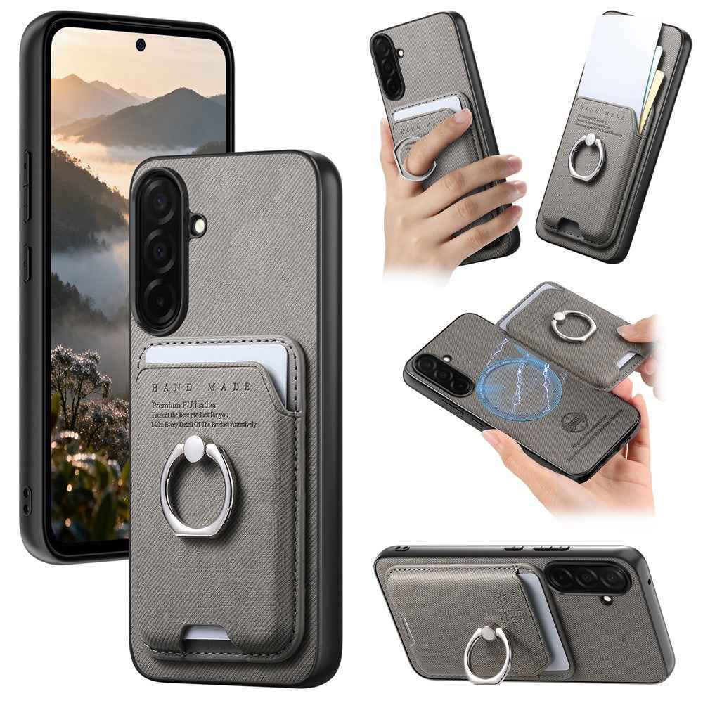 For Samsung Galaxy A57 5G Case Cloth Texture  Leather + PC + TPU Phone Cover with Detachable Magnetic Ring Kickstand Card Holder - Grey