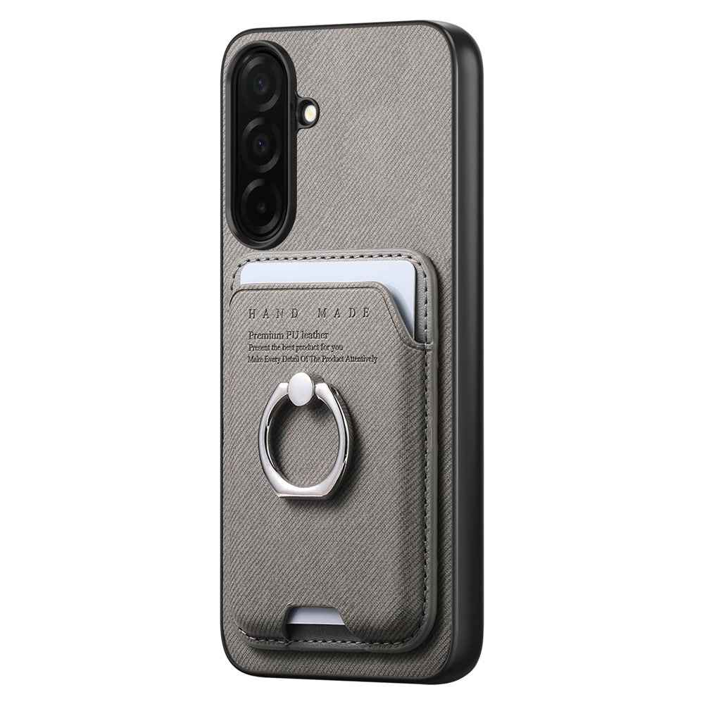 For Samsung Galaxy A57 5G Case Cloth Texture  Leather + PC + TPU Phone Cover with Detachable Magnetic Ring Kickstand Card Holder - Grey