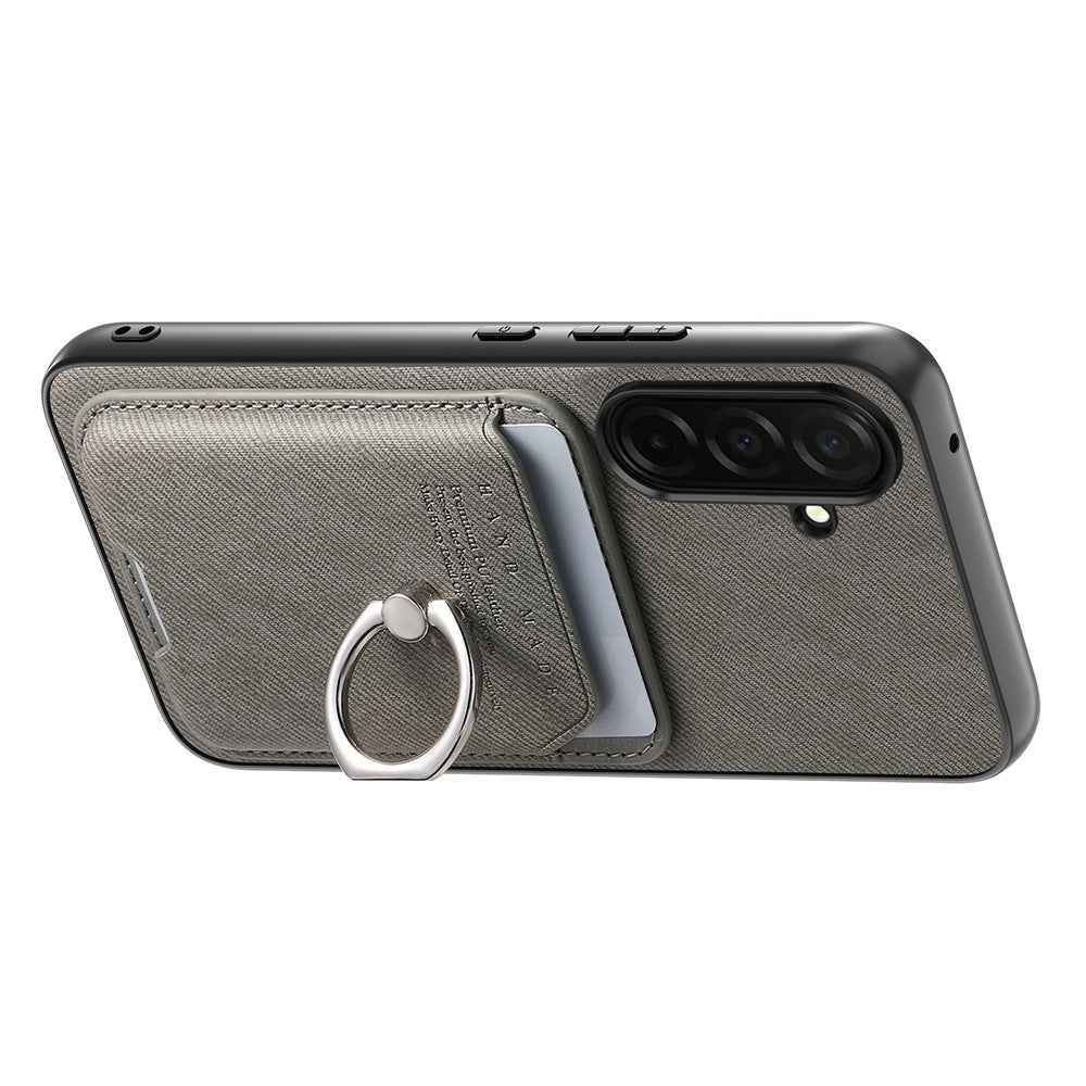 For Samsung Galaxy A57 5G Case Cloth Texture  Leather + PC + TPU Phone Cover with Detachable Magnetic Ring Kickstand Card Holder - Grey