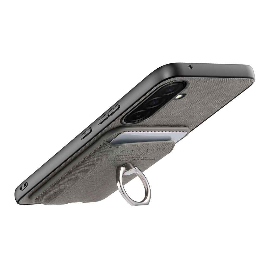 For Samsung Galaxy A57 5G Case Cloth Texture  Leather + PC + TPU Phone Cover with Detachable Magnetic Ring Kickstand Card Holder - Grey