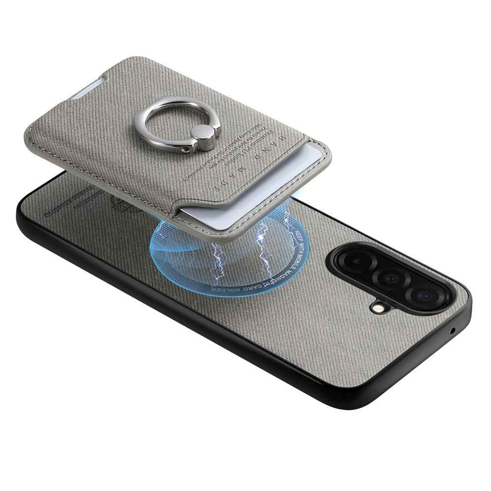 For Samsung Galaxy A57 5G Case Cloth Texture  Leather + PC + TPU Phone Cover with Detachable Magnetic Ring Kickstand Card Holder - Grey