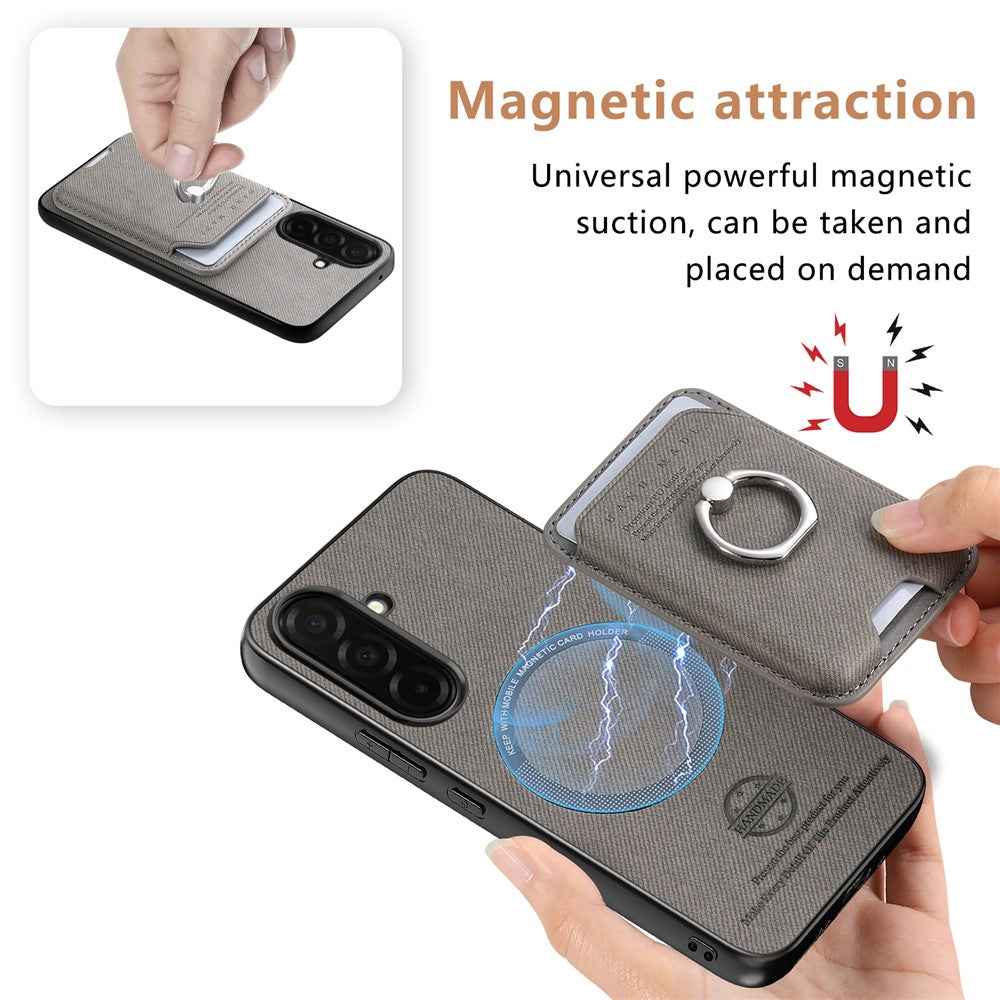 For Samsung Galaxy A57 5G Case Cloth Texture  Leather + PC + TPU Phone Cover with Detachable Magnetic Ring Kickstand Card Holder - Grey