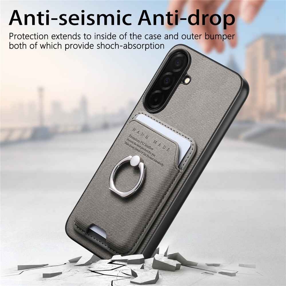 For Samsung Galaxy A57 5G Case Cloth Texture  Leather + PC + TPU Phone Cover with Detachable Magnetic Ring Kickstand Card Holder - Grey
