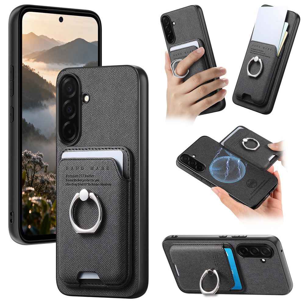 For Samsung Galaxy A57 5G Case Cloth Texture  Leather + PC + TPU Phone Cover with Detachable Magnetic Ring Kickstand Card Holder - Black