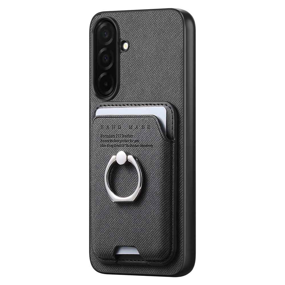 For Samsung Galaxy A57 5G Case Cloth Texture  Leather + PC + TPU Phone Cover with Detachable Magnetic Ring Kickstand Card Holder - Black